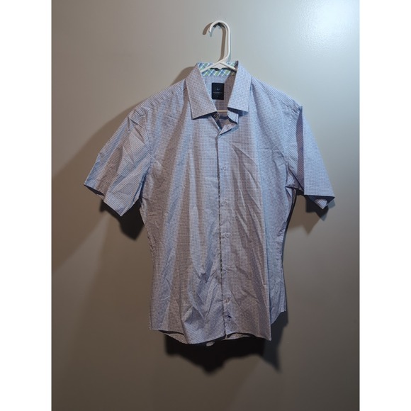 Tailorbyrd Men's Large Geometric Dress Shirt, Blue Short Sleeve Shirt, Embroider - Picture 1 of 9